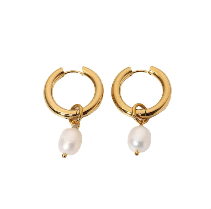 Double Freshwater Pearl Pendant Earrings - Gold-Plated Stainless Steel